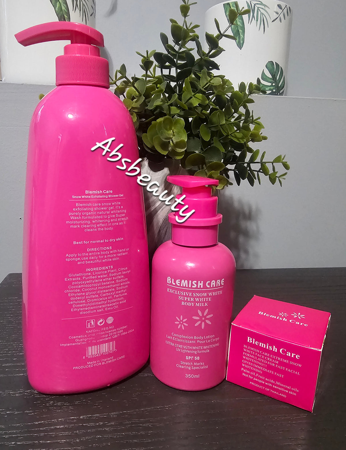 3pcs Blemish Care Snow white Exfoliating Shower Gel 1000ml, Exclusive Snow White Super White Body Milk 350ml,& Carrot Super Face Glow cream
