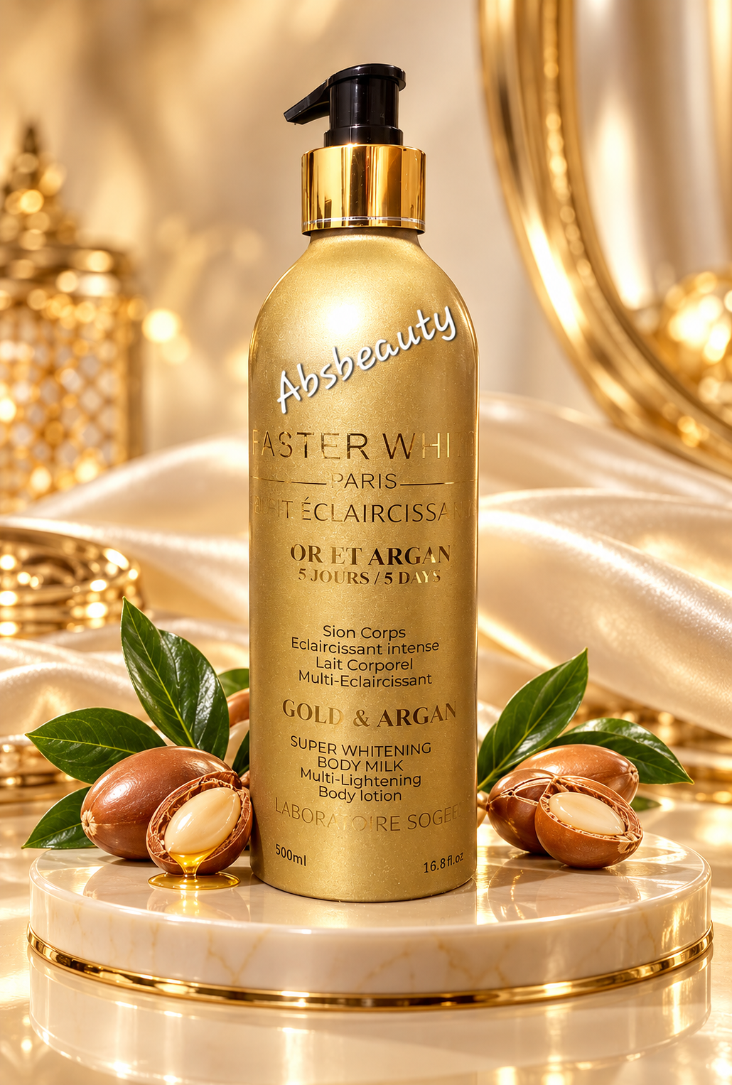 FASTER WHITE PARIS Gold & Argan Super Lightening Body Lotion,Anti Stretch Marks 500ml 💯Original&Authentic✅️, 1bottle