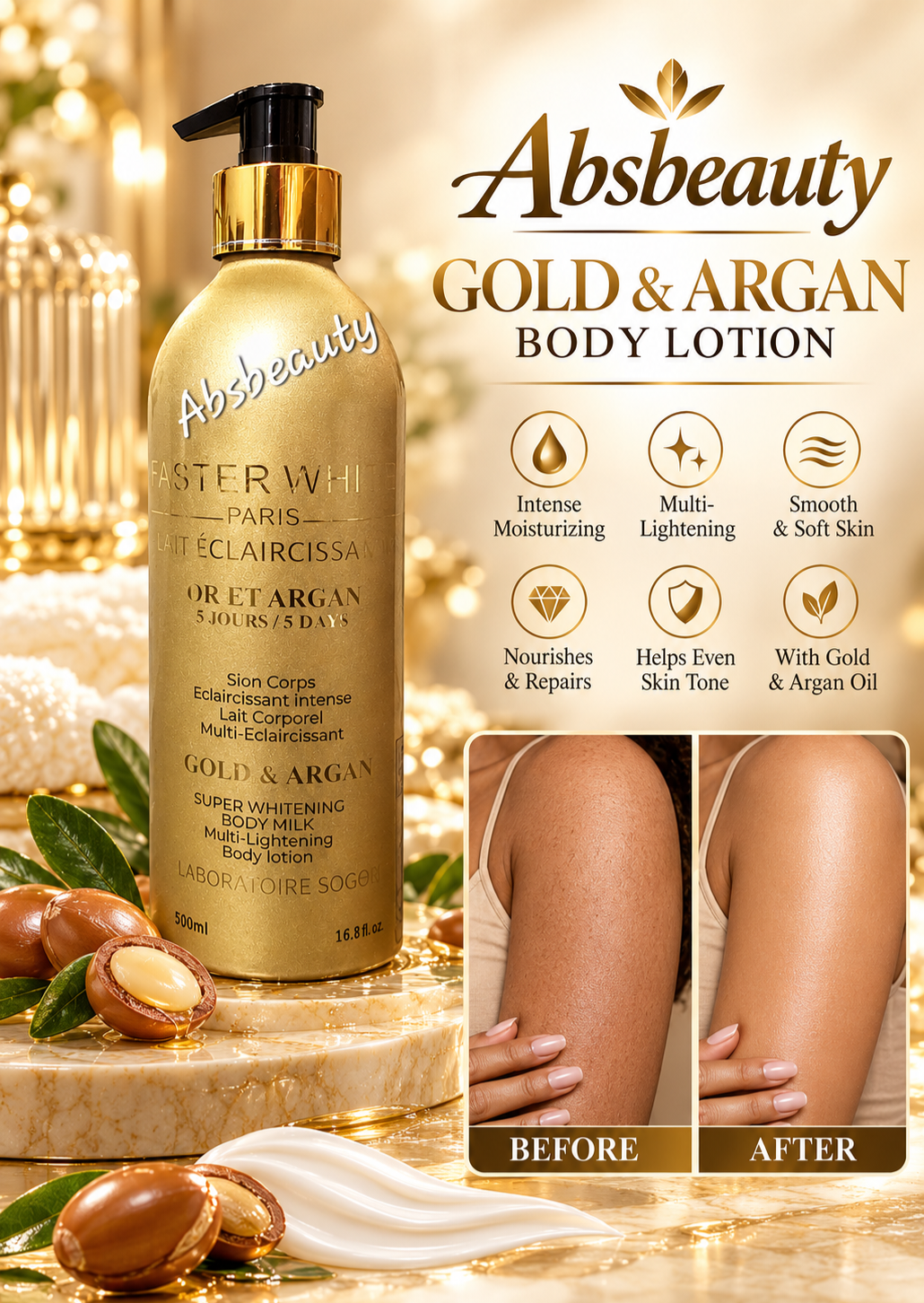 FASTER WHITE PARIS Gold & Argan Super Lightening Body Lotion,Anti Stretch Marks 500ml 💯Original&Authentic✅️, 1bottle