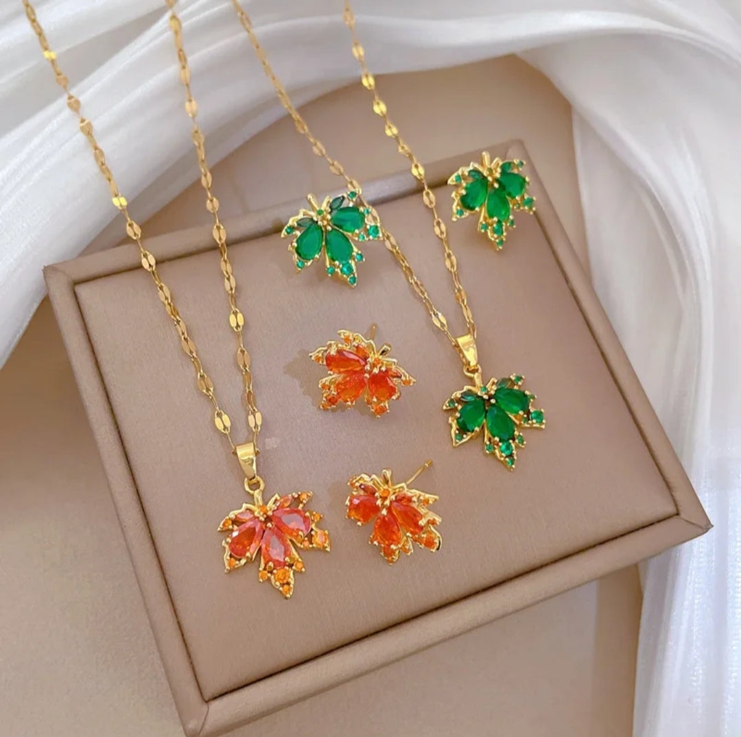 Titanium Maple Leaf Necklace & Earrings Set