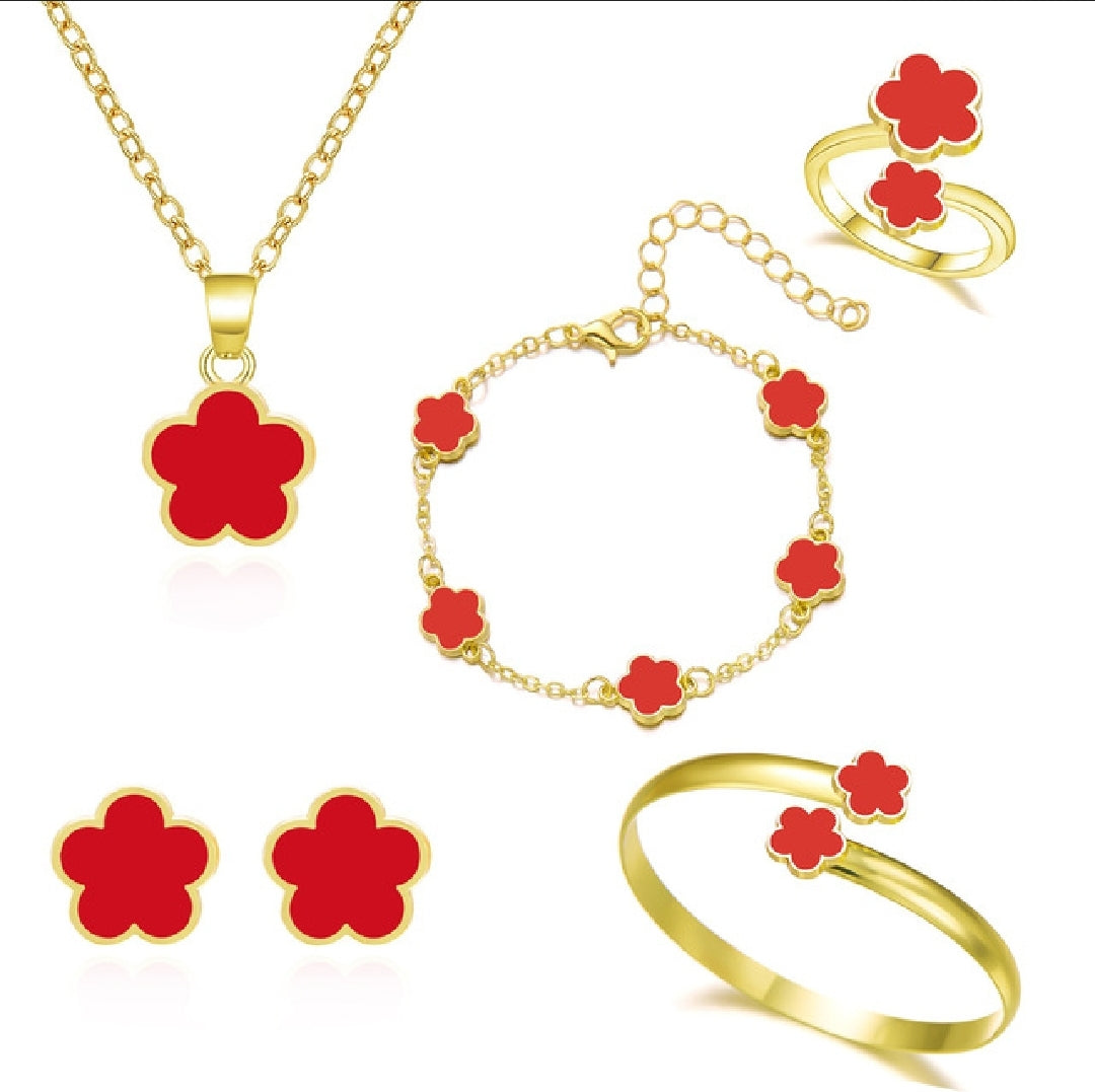 Fashion Jewelry Set Women's All Match Set New Lucky Flower Bracelet Five-Leaf Clover Necklace Ring Earrings