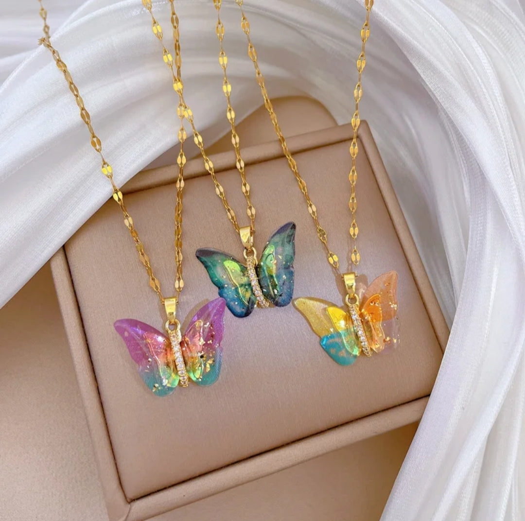 18K Gold Plated Gradual Color Changing Resin Butterfly Pendant Chokers Necklace Women Fashion