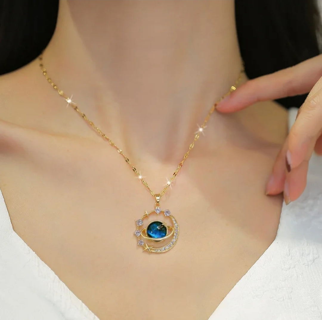 18K Plated Zircon Blue Planet Star Pendant Necklace Collarbone Chain Trendy Jewelry