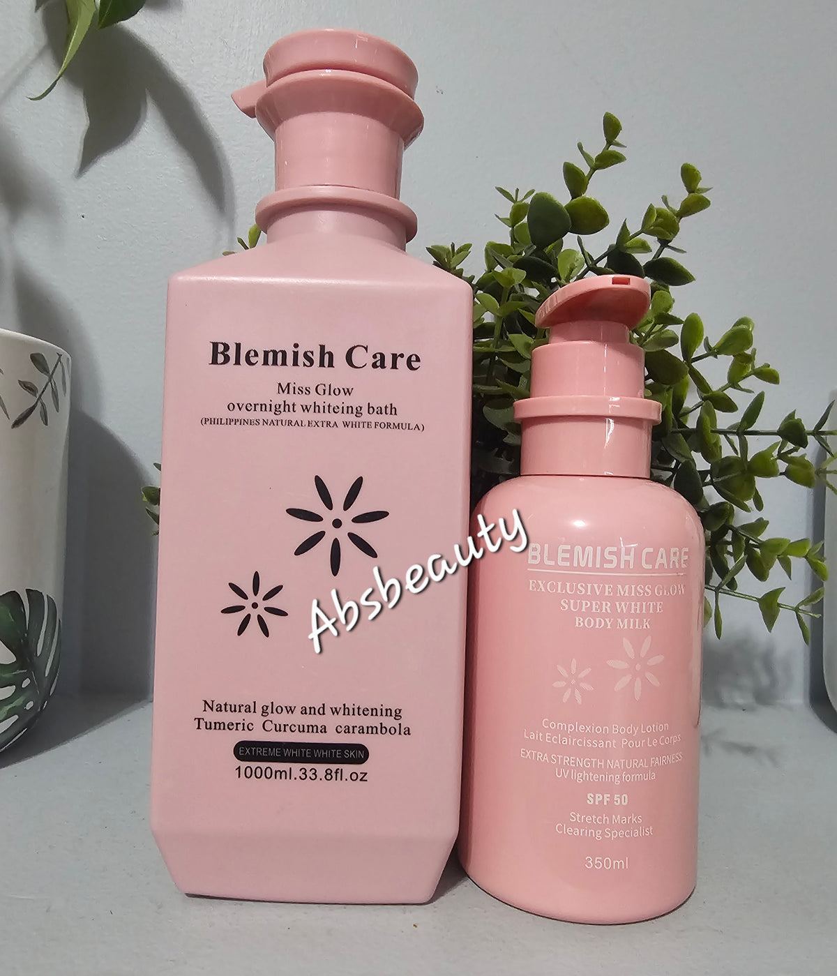 Blemish Care Miss Glow Overnight whitening bath 1000ml & Exclusive Miss Glow Super White Body Milk Spf50 350ml