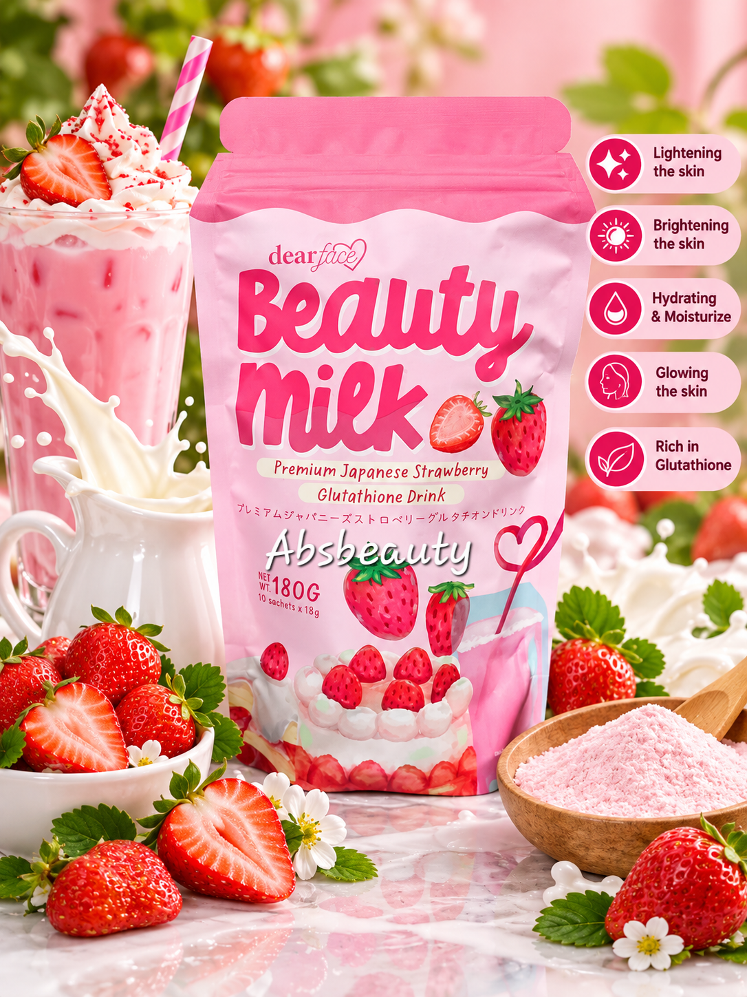 Beauty Milk Premium Japanese Strawberry Glutathione Drink 180g Original&Authentic💯✅️ Dearface Supplements powder Drink