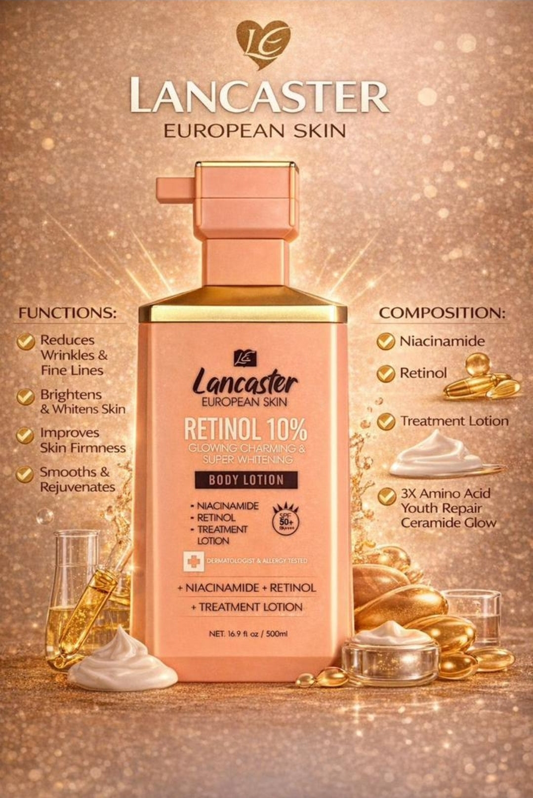 Lancaster European Skin Niacinamide+Collagen,Tumeric+Vitamin C & Retinol 10% Treatment Body Lotion 500ml With Spf50 & PA++++ l,1pc💯👍