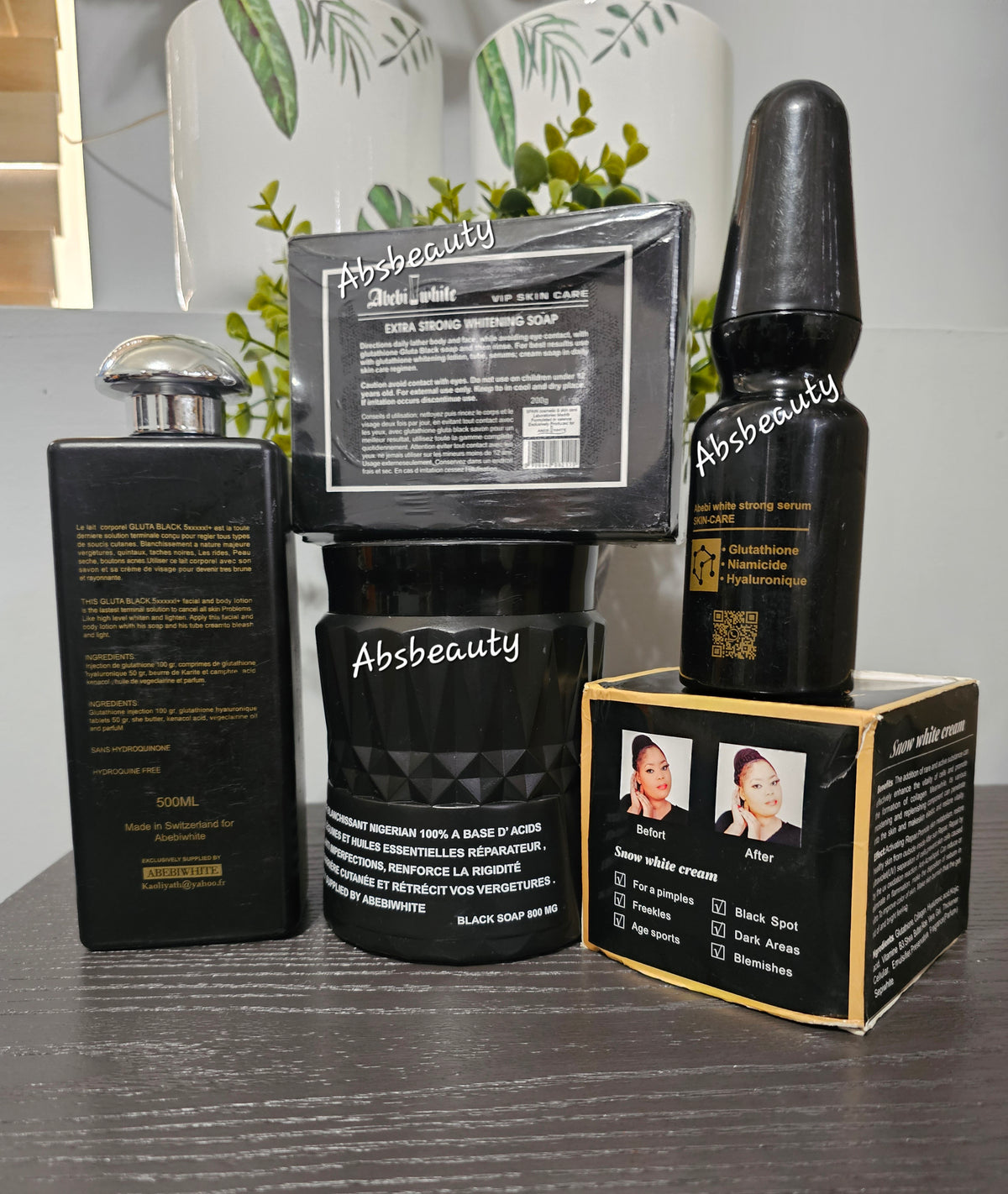 5pcs Abebi White VIP Skin Care Set, Lotion, Black Soap, Face Soap, Serum, & Face Cream