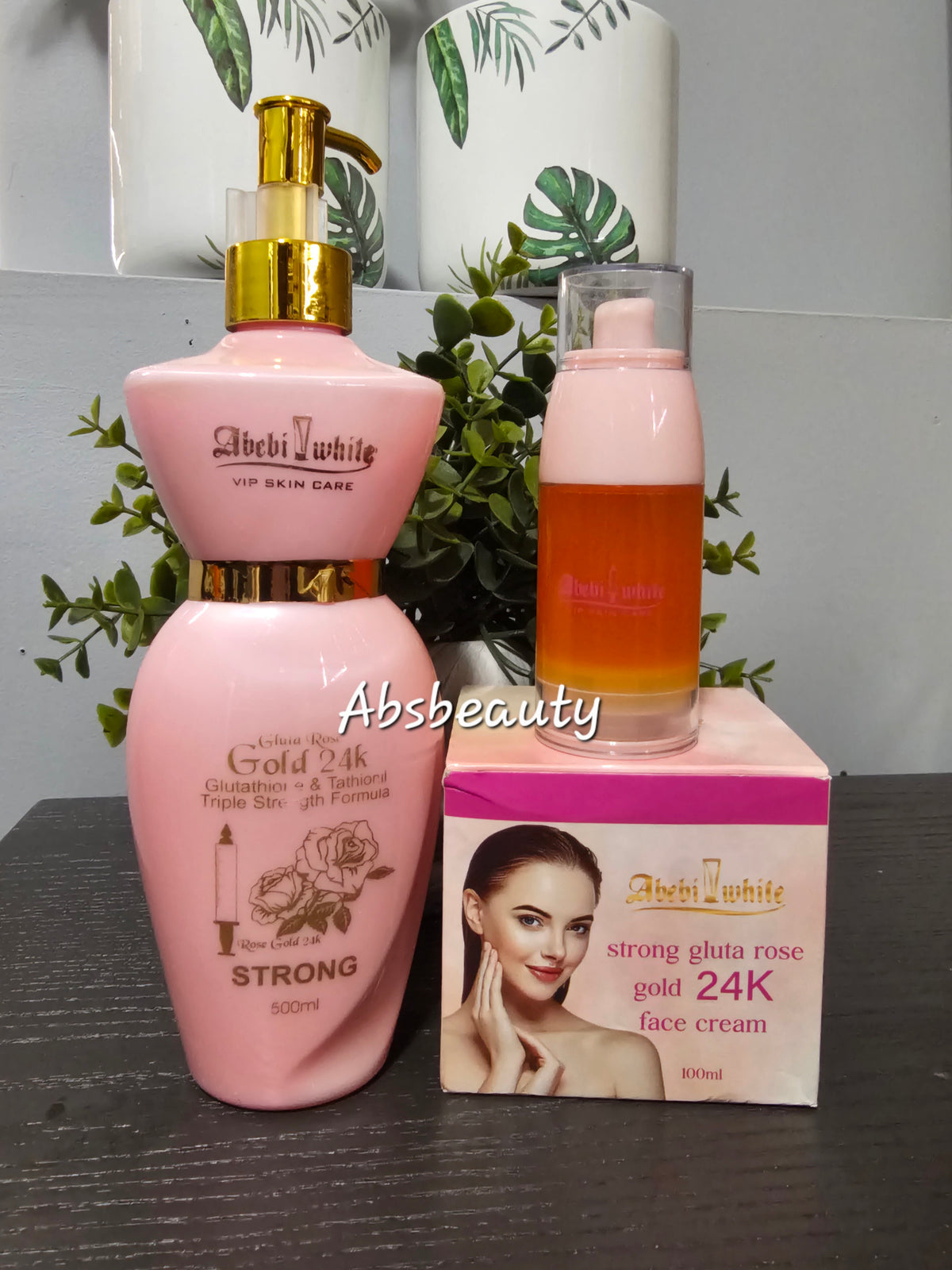 3pcs Abebi White VIP Skin Care Gluta Rose Gold 24K Set ,Lotion, Serum & Face Cream