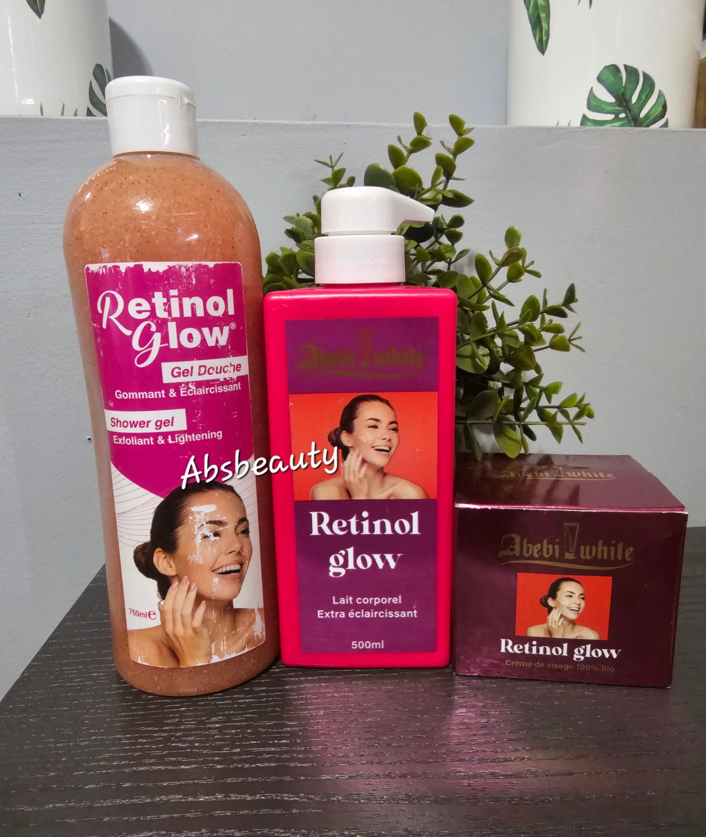 3pcs Abebi White Retinol Glow Set,Shower Gel 750ml,Lotion 500ml, & Face Cream Cream 💯👍