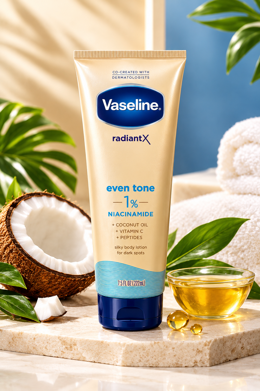 Vaseline Radiant X Even Tone 1% Niacinamide Silky Body Lotion for a Soft, Even & Radiant Complexion, with Peptides, Vitamin C & Coconut Oil,222ml