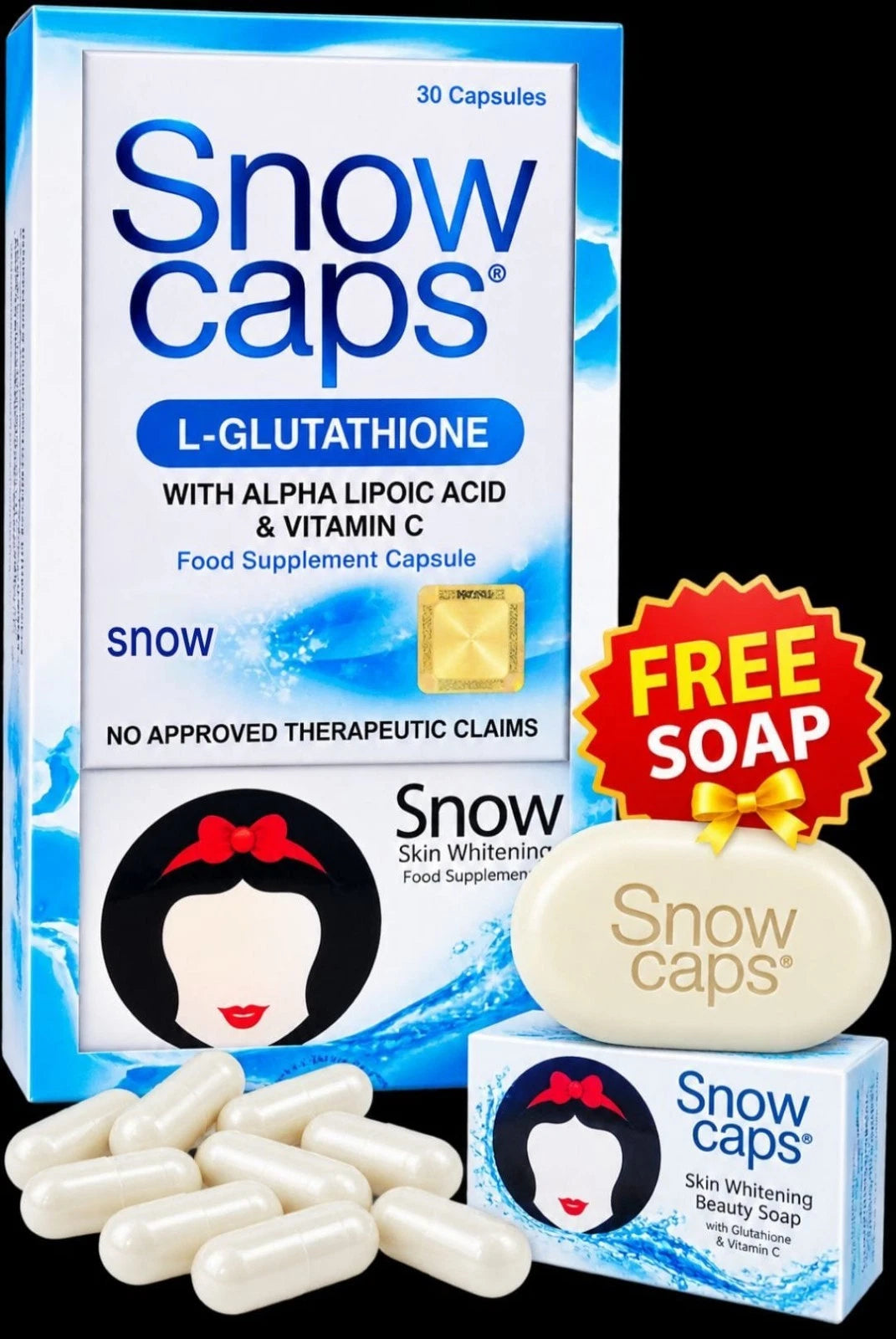 SNOWCAPS L-Glutathione 30 Caps with 1×Free Snow Whitening Soap✨️