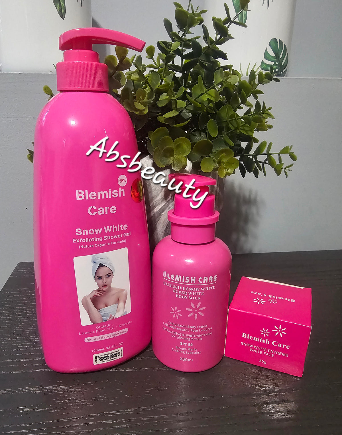 3pcs Blemish Care Snow white Exfoliating Shower Gel 1000ml, Exclusive Snow White Super White Body Milk 350ml,& Carrot Super Face Glow cream