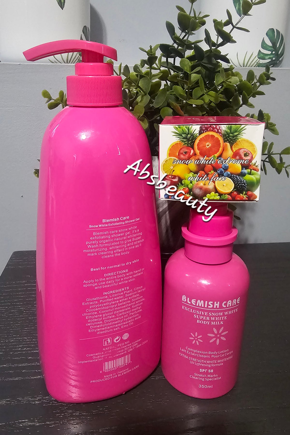 3pcs Blemish Care Snow white Exfoliating Shower Gel 1000ml, Exclusive Snow White Super White Body Milk 350ml,& Carrot Super Face Glow cream