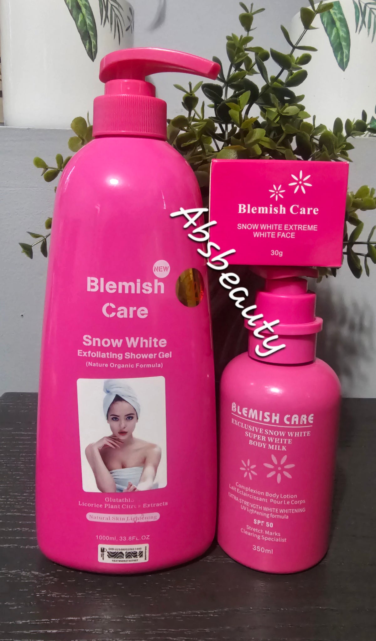 3pcs Blemish Care Snow white Exfoliating Shower Gel 1000ml, Exclusive Snow White Super White Body Milk 350ml,& Carrot Super Face Glow cream