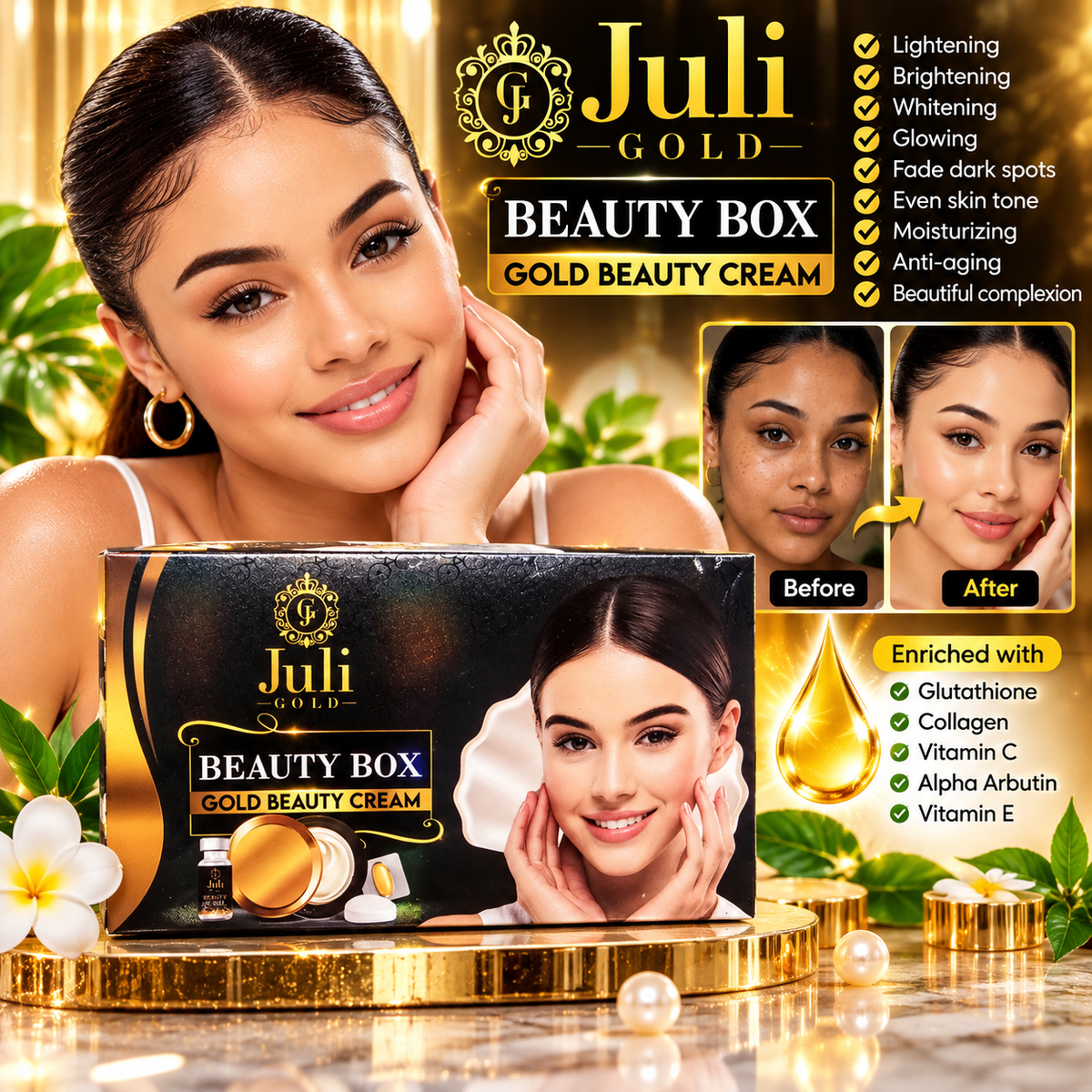 Juli Gold Beauty Box Gold Beauty Cream 10Problems in 1Solution included Soap,Serum,Cream & Capsule✨️👌4in1