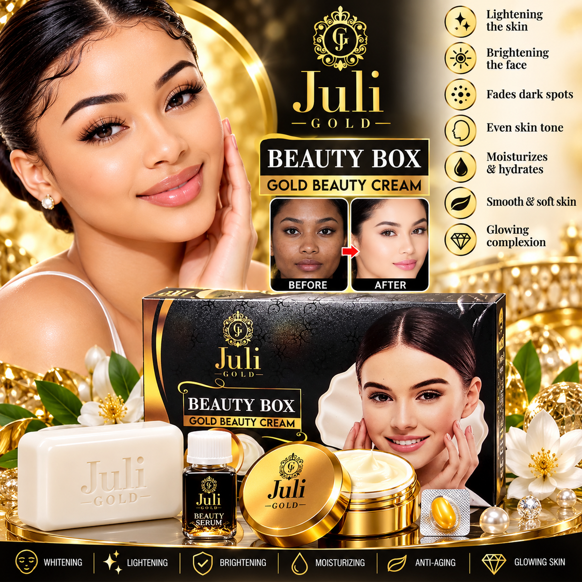 Juli Gold Beauty Box Gold Beauty Cream 10Problems in 1Solution included Soap,Serum,Cream & Capsule✨️👌4in1