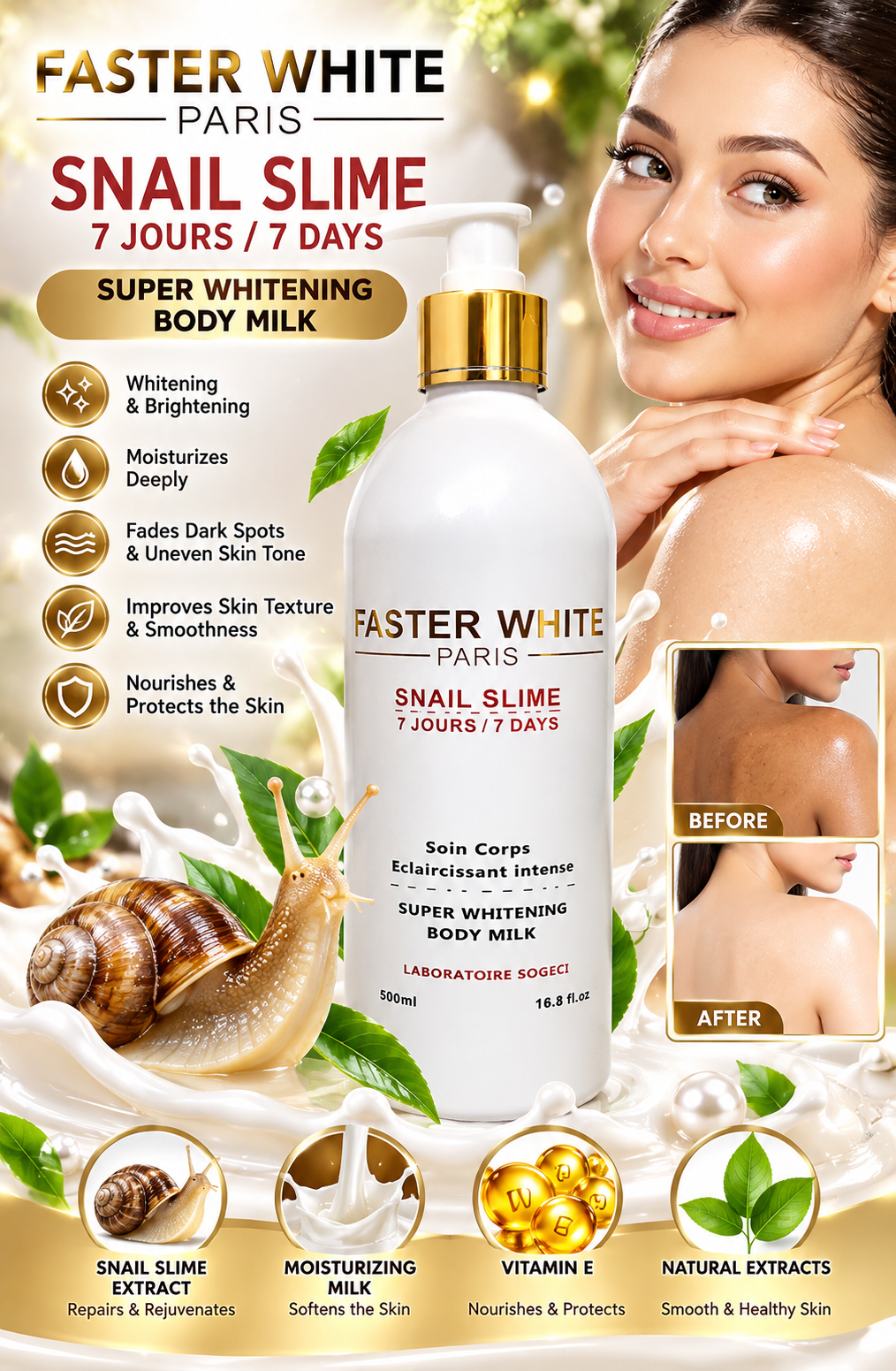 FASTER WHITE SNAIL [SLIME] Super Whitening Body Lotion 500ml Original&Authentic💯✅️, 1 Bottle