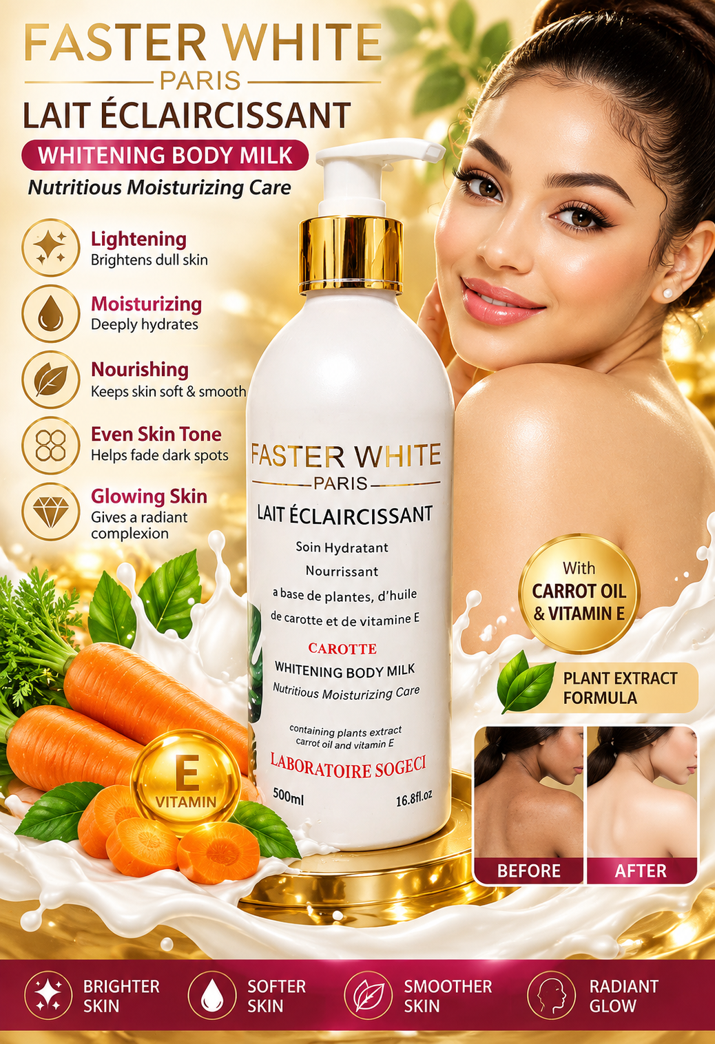 FASTER WHITE Paris CAROTTE Skin Lightening Body Lotion 500ml 💯Original&Authentic✅️, 1bottle