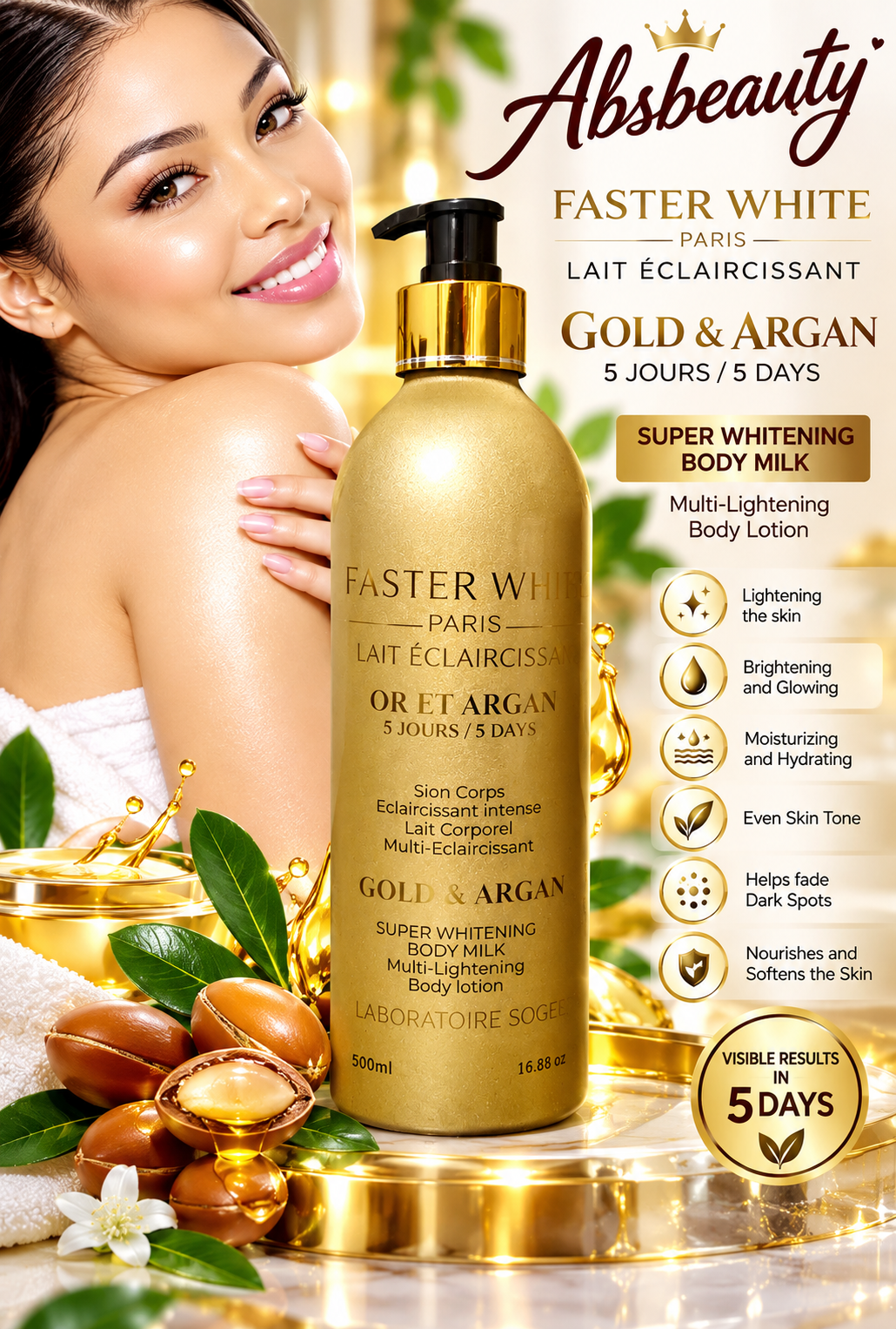 FASTER WHITE PARIS Gold & Argan Super Lightening Body Lotion,Anti Stretch Marks 500ml 💯Original&Authentic✅️, 1bottle