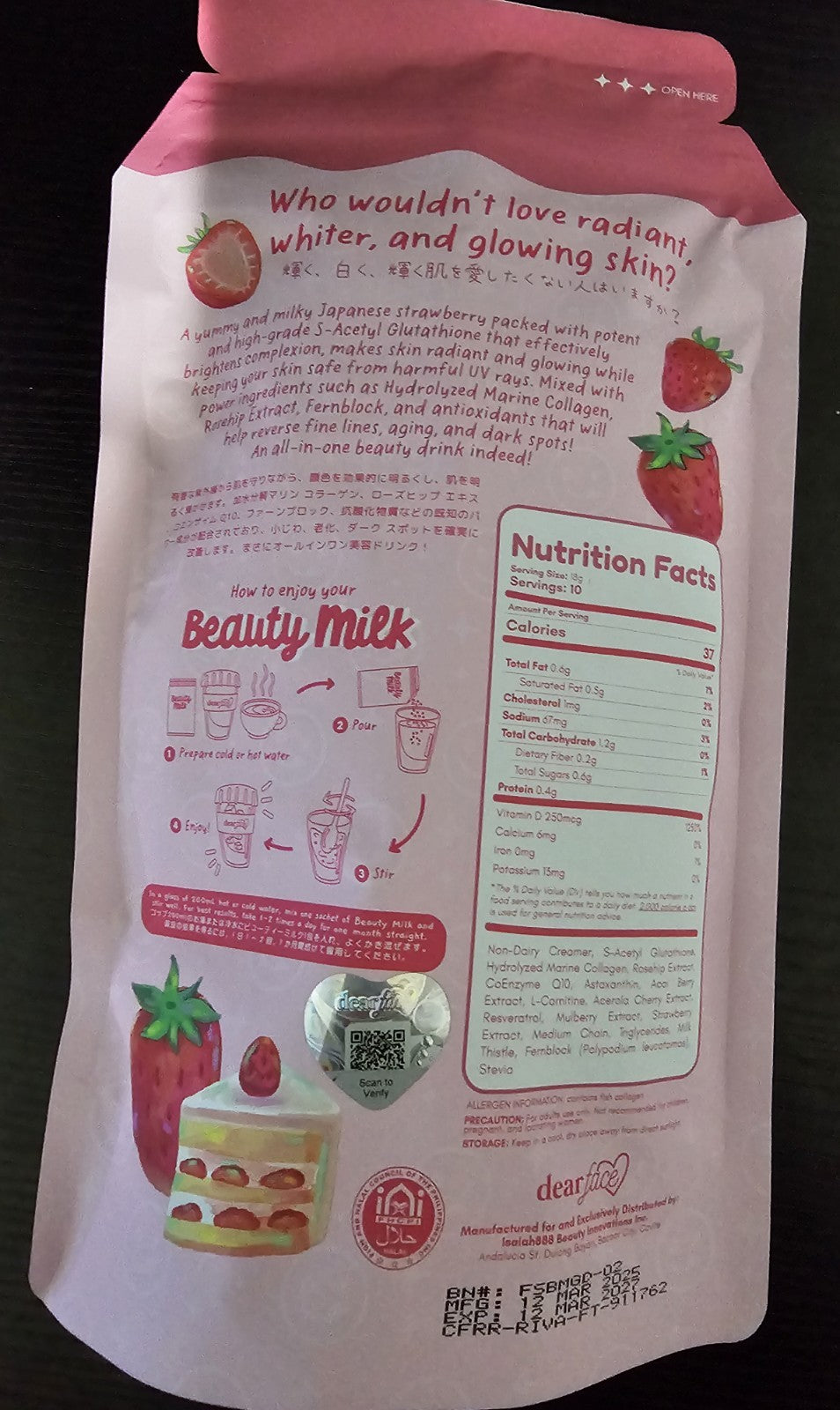 New Authentic DearFace Beauty Milk Premium Japanese Strawberry Glutathione Drink