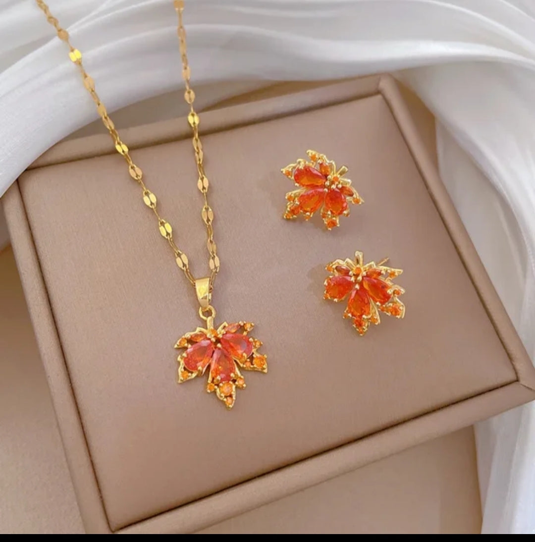 Titanium Maple Leaf Necklace & Earrings Set