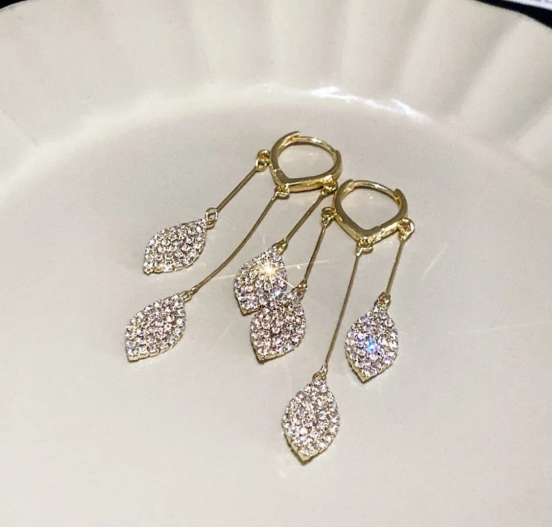 Crystal Rhinestone Shiny Leaf Tassel Dangle Drop Earrings