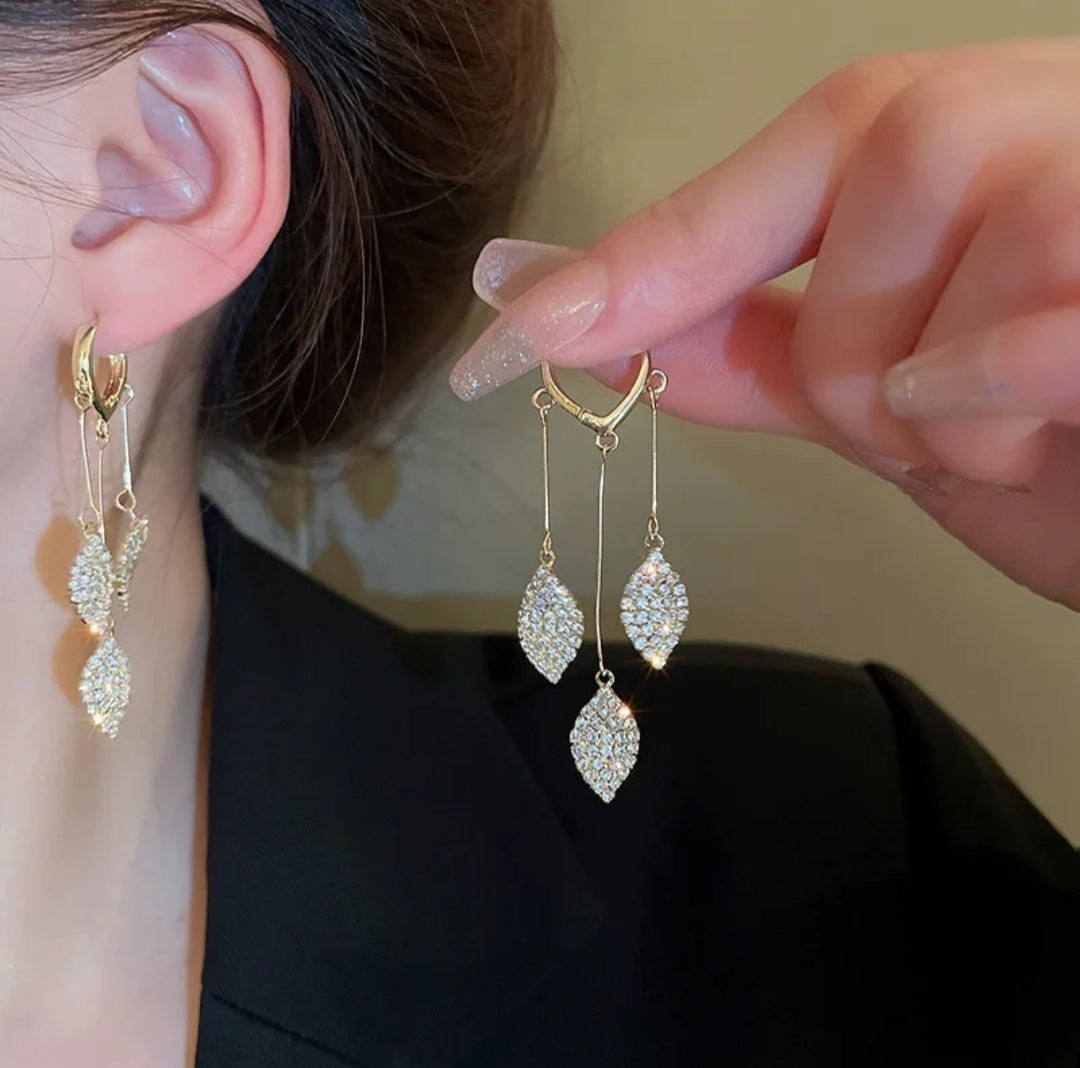 Crystal Rhinestone Shiny Leaf Tassel Dangle Drop Earrings