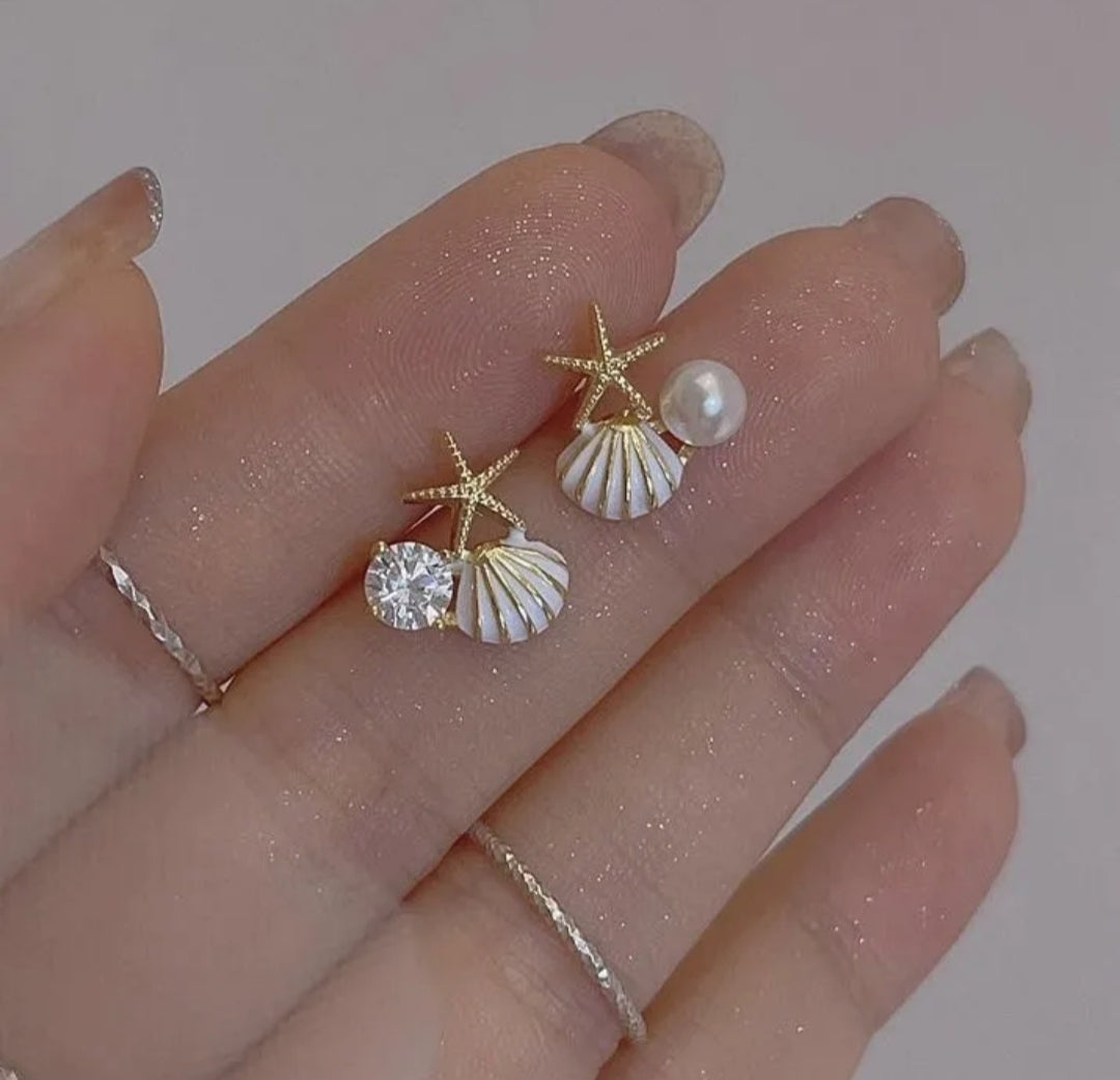 Fashion Asymmetric Ocean Style Earrings Stud for Women Girl Starfish Shell Earrings Bohemian Pearl