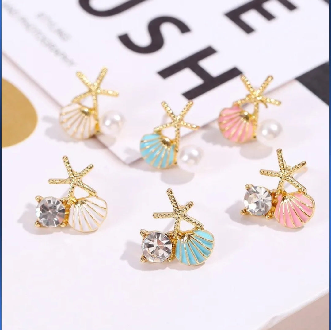 Fashion Asymmetric Ocean Style Earrings Stud for Women Girl Starfish Shell Earrings Bohemian Pearl