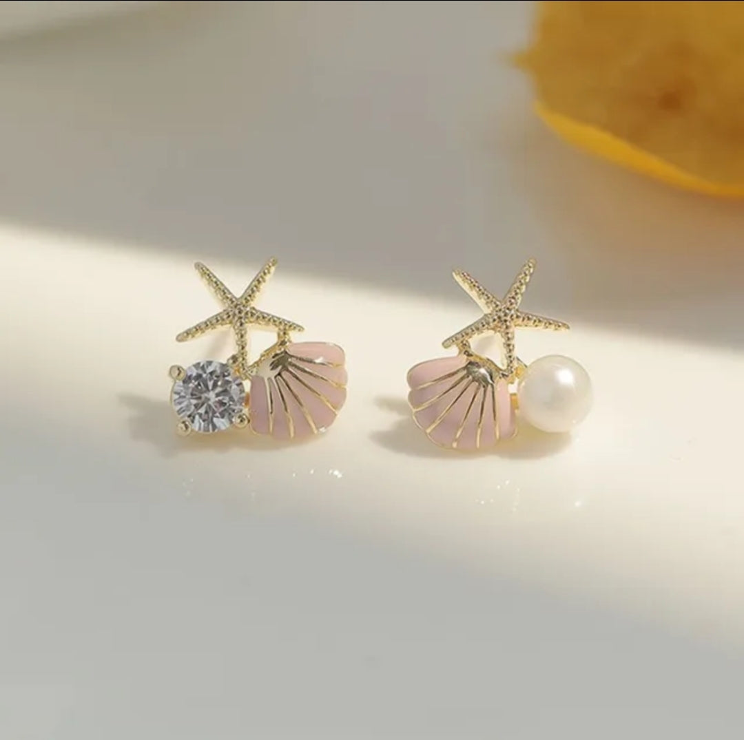 Fashion Asymmetric Ocean Style Earrings Stud for Women Girl Starfish Shell Earrings Bohemian Pearl