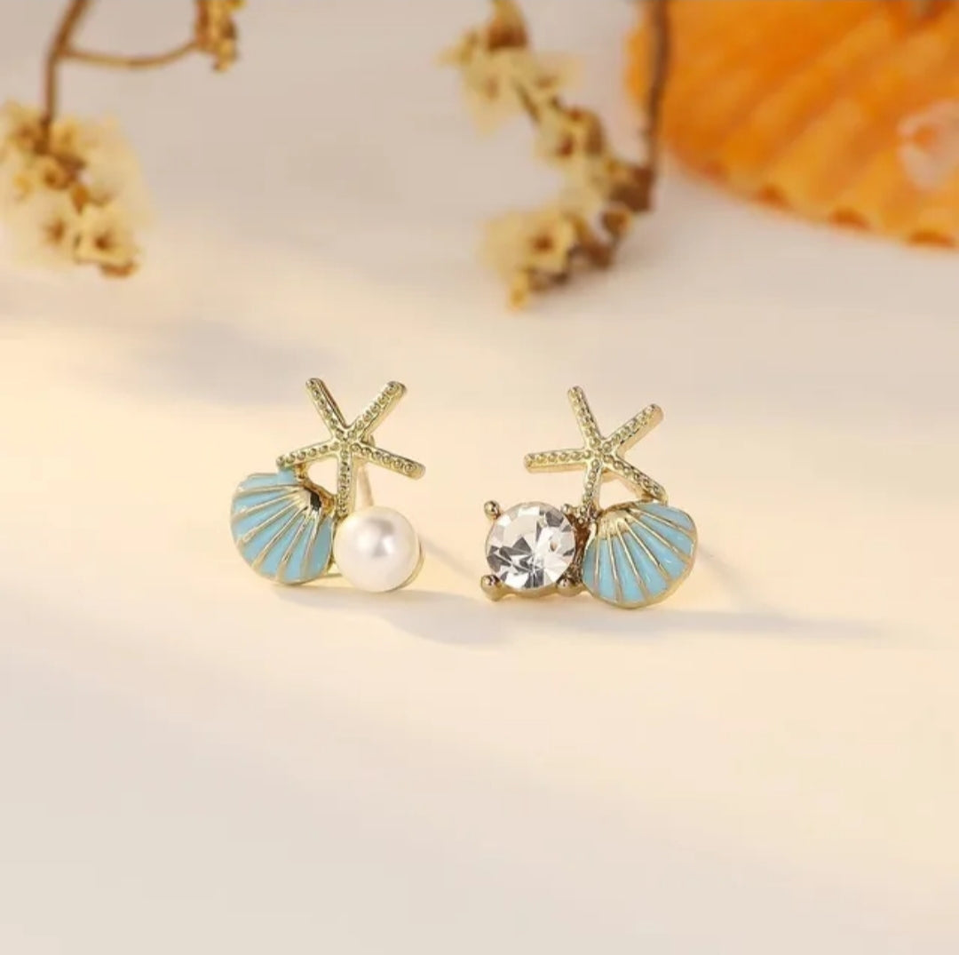 Fashion Asymmetric Ocean Style Earrings Stud for Women Girl Starfish Shell Earrings Bohemian Pearl
