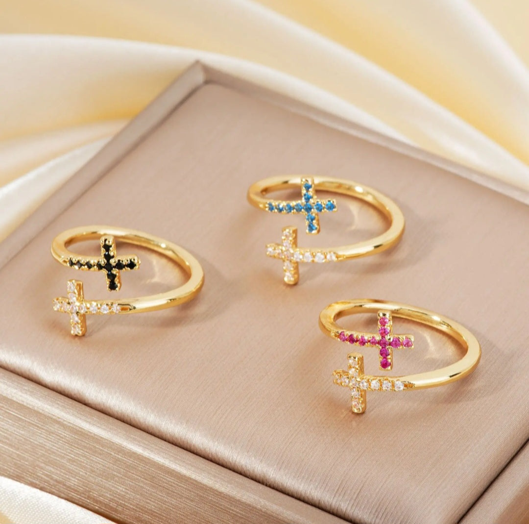 Fashion Geometric Jewelry Rings Vintage Gold Plated Retro Zircon Cross Open Rings