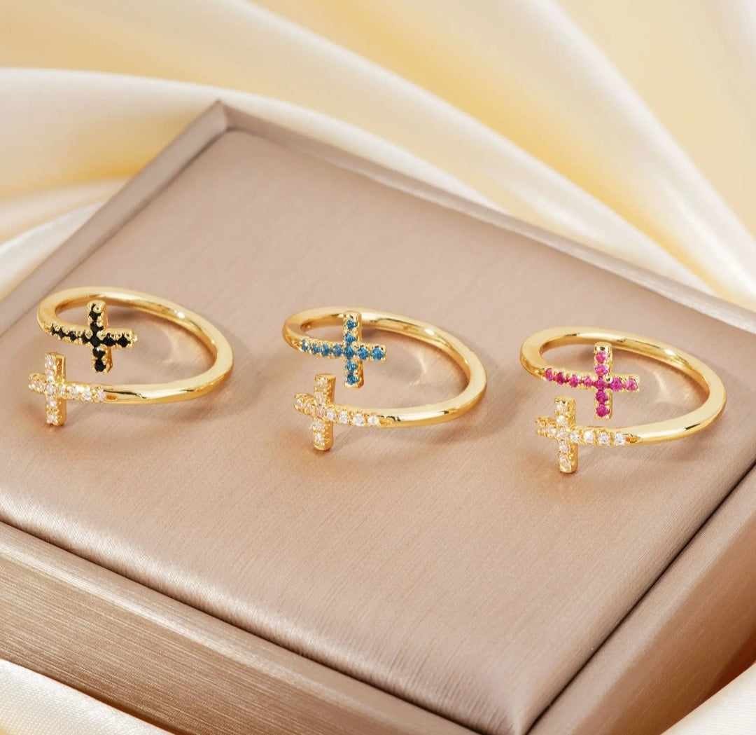 Fashion Geometric Jewelry Rings Vintage Gold Plated Retro Zircon Cross Open Rings
