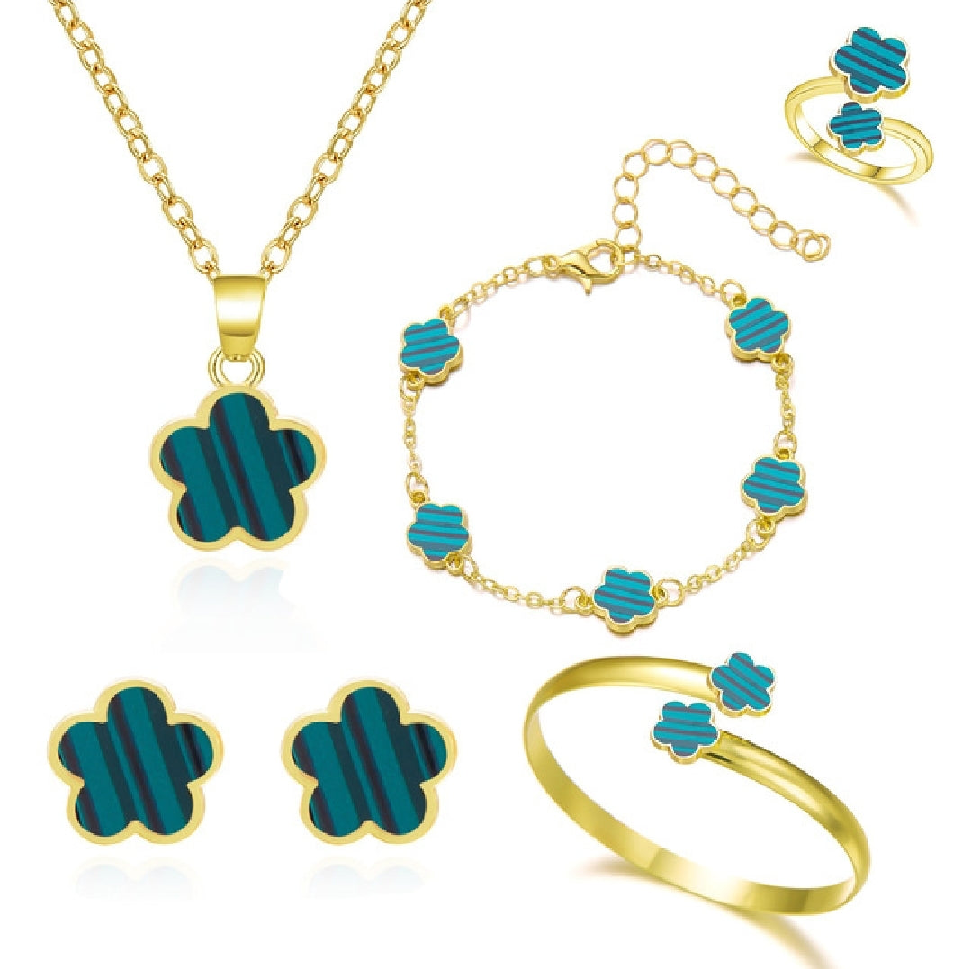 Fashion Jewelry Set Women's All Match Set New Lucky Flower Bracelet Five-Leaf Clover Necklace Ring Earrings