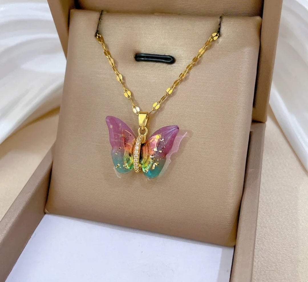 18K Gold Plated Gradual Color Changing Resin Butterfly Pendant Chokers Necklace Women Fashion