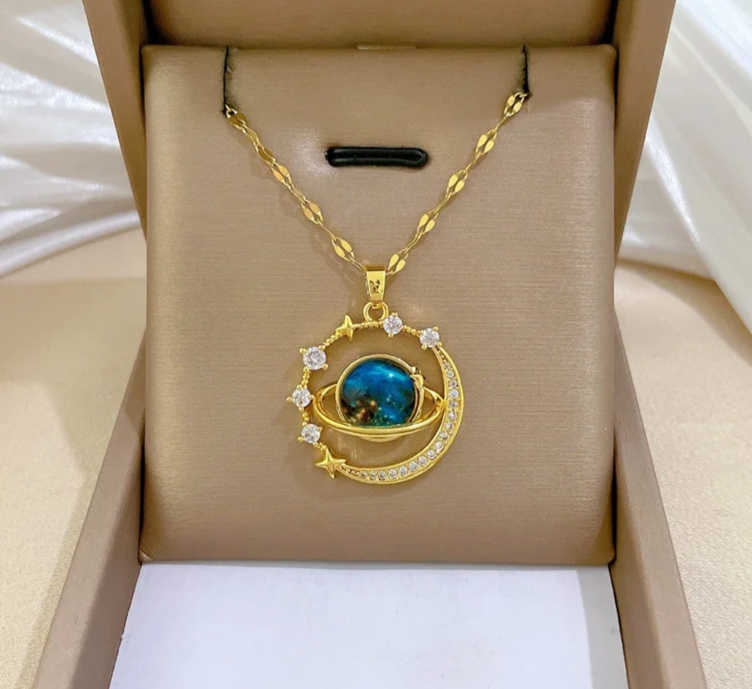18K Plated Zircon Blue Planet Star Pendant Necklace Collarbone Chain Trendy Jewelry