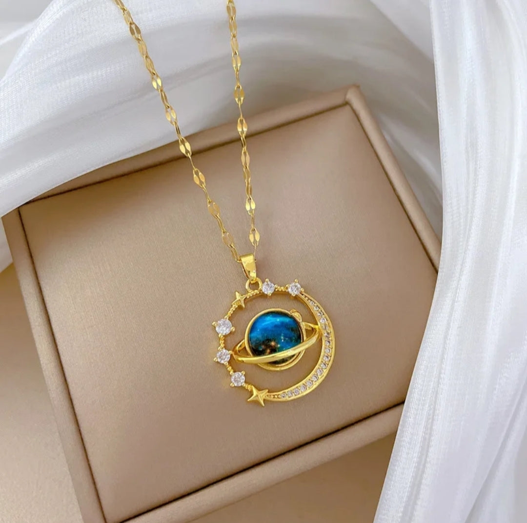 18K Plated Zircon Blue Planet Star Pendant Necklace Collarbone Chain Trendy Jewelry