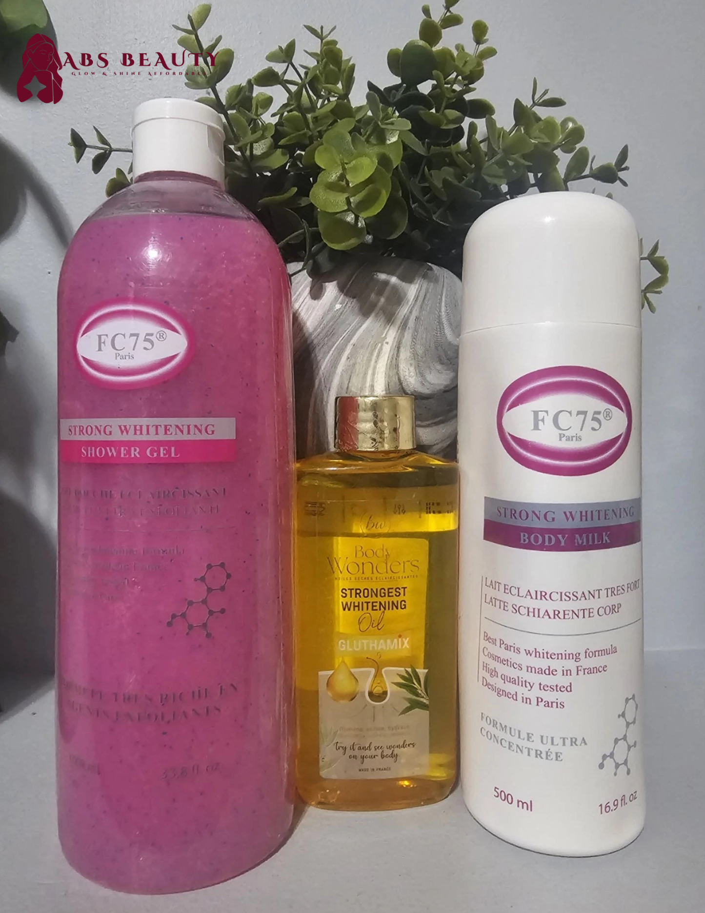 3 Set FC75 Paris Strong Whitening Shower Gel & Body Milk Lotion & Body WONDERS Oil