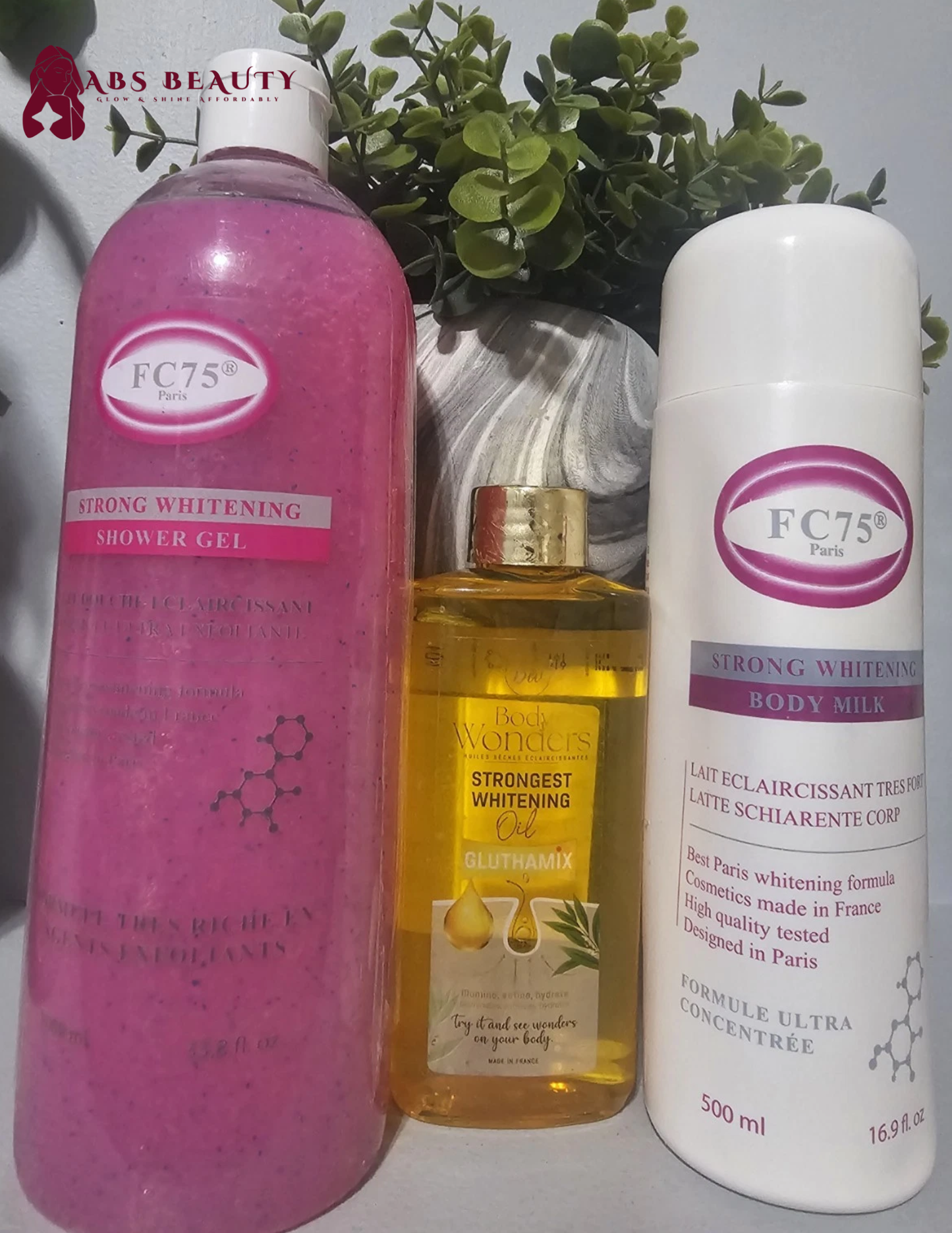 3 Set FC75 Paris Strong Whitening Shower Gel & Body Milk Lotion & Body WONDERS Oil