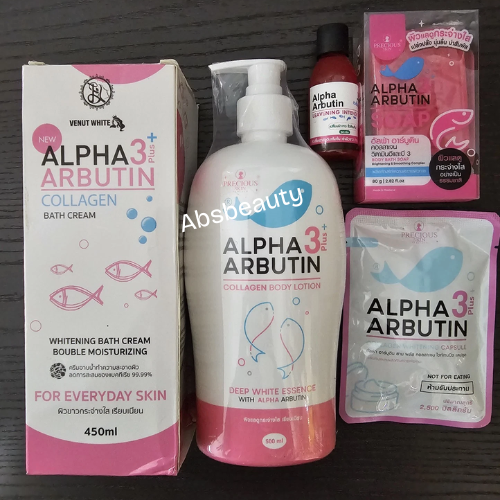 Alpha Arbutin 3plus Collagen Bath Cream, Body Lotion, Whitening Capsules, Soap Set