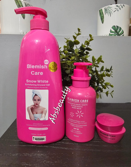 3pcs Blemish Care Snow white Exfoliating Shower Gel 1000ml, Exclusive Snow White Super White Body Milk 350ml,& Carrot Super Face Glow cream