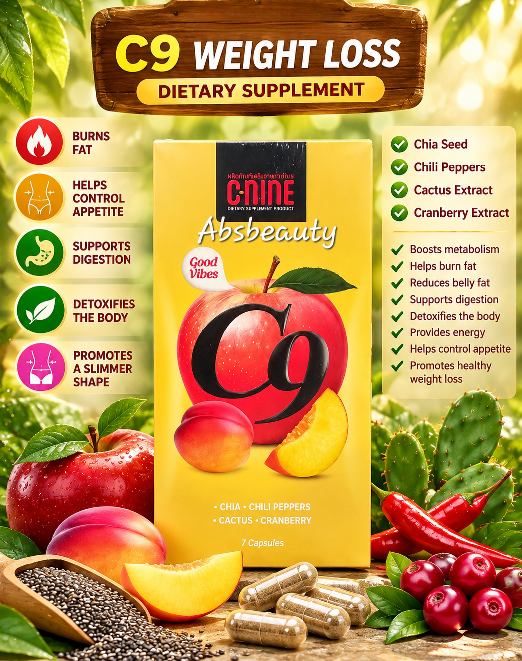 C-NINE C9 Dietary Supplement - 7 Capsules with Chia, Chili Peppers, Cactus & Cranberry.1box