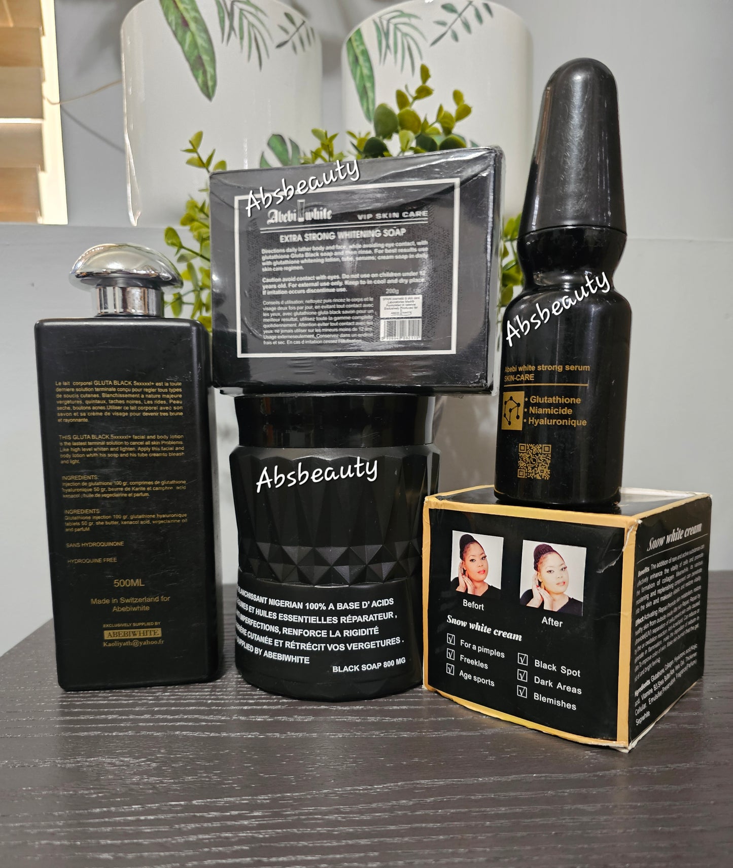 5pcs Abebi White VIP Skin Care Set, Lotion, Black Soap, Face Soap, Serum, & Face Cream 💯👌