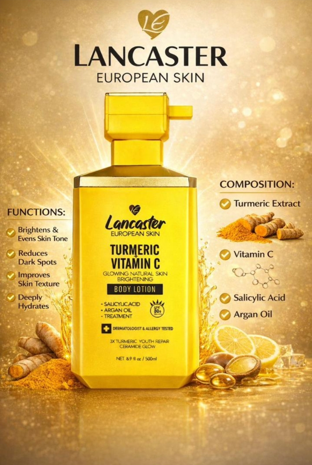 Lancaster European Skin Niacinamide+Collagen,Tumeric+Vitamin C & Retinol 10% Treatment Body Lotion 500ml With Spf50 & PA++++ l,1pc💯👍