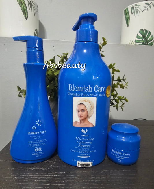 3pcs Blemish Care Snapchat Filter White Shower Gel 1000ml,Skin milk Body Lotion 350ml & Pure White Face Cream 40g