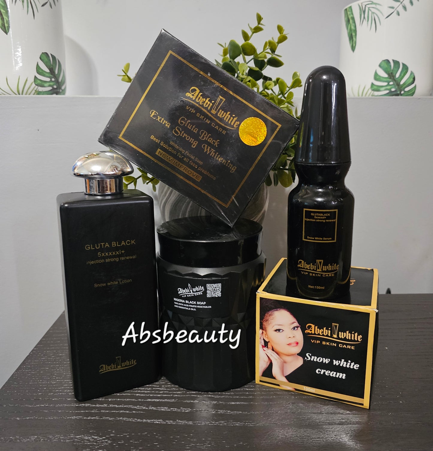5pcs Abebi White VIP Skin Care Set, Lotion, Black Soap, Face Soap, Serum, & Face Cream 💯👌