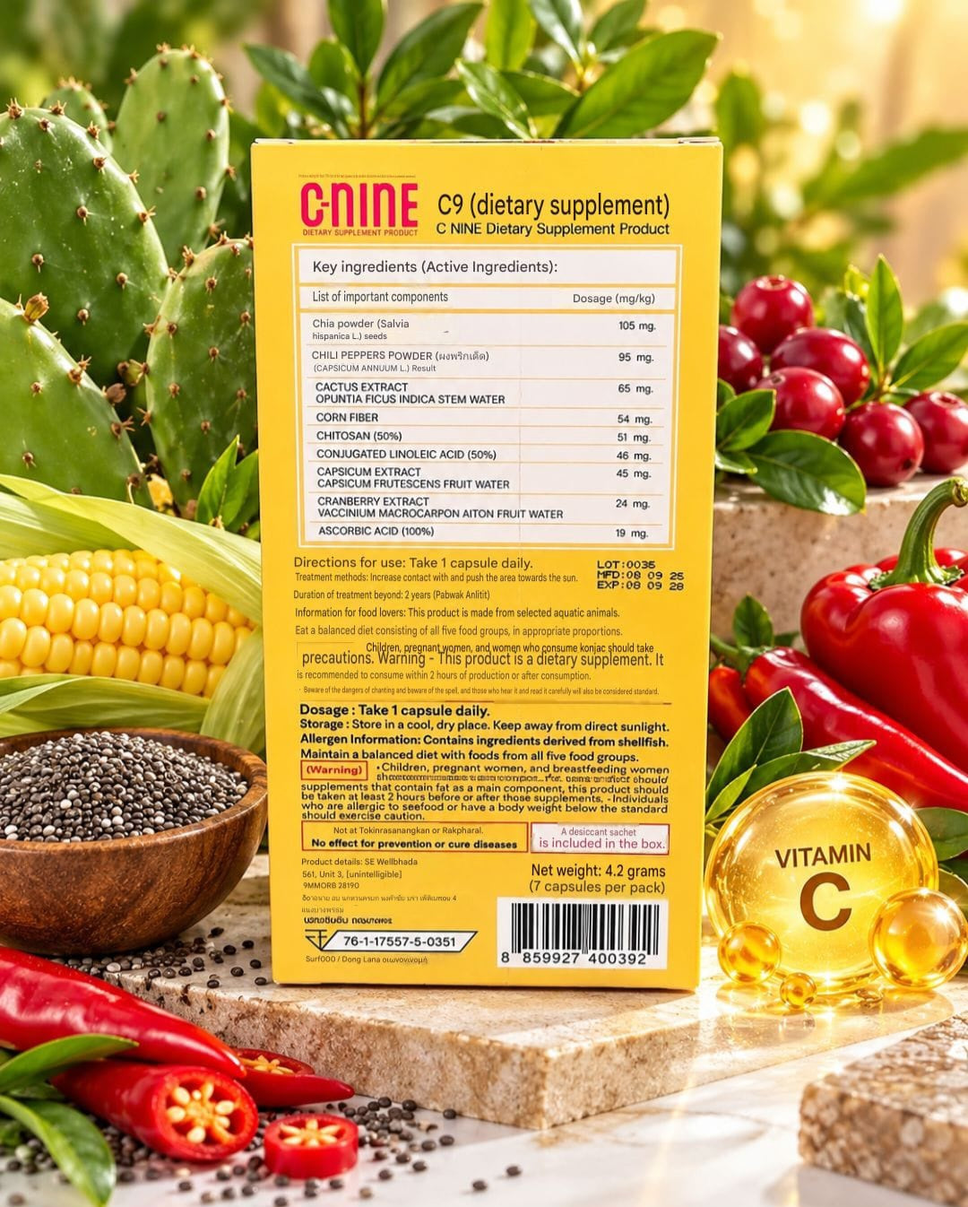 C-NINE C9 Dietary Supplement - 7 Capsules with Chia, Chili Peppers, Cactus & Cranberry.1box