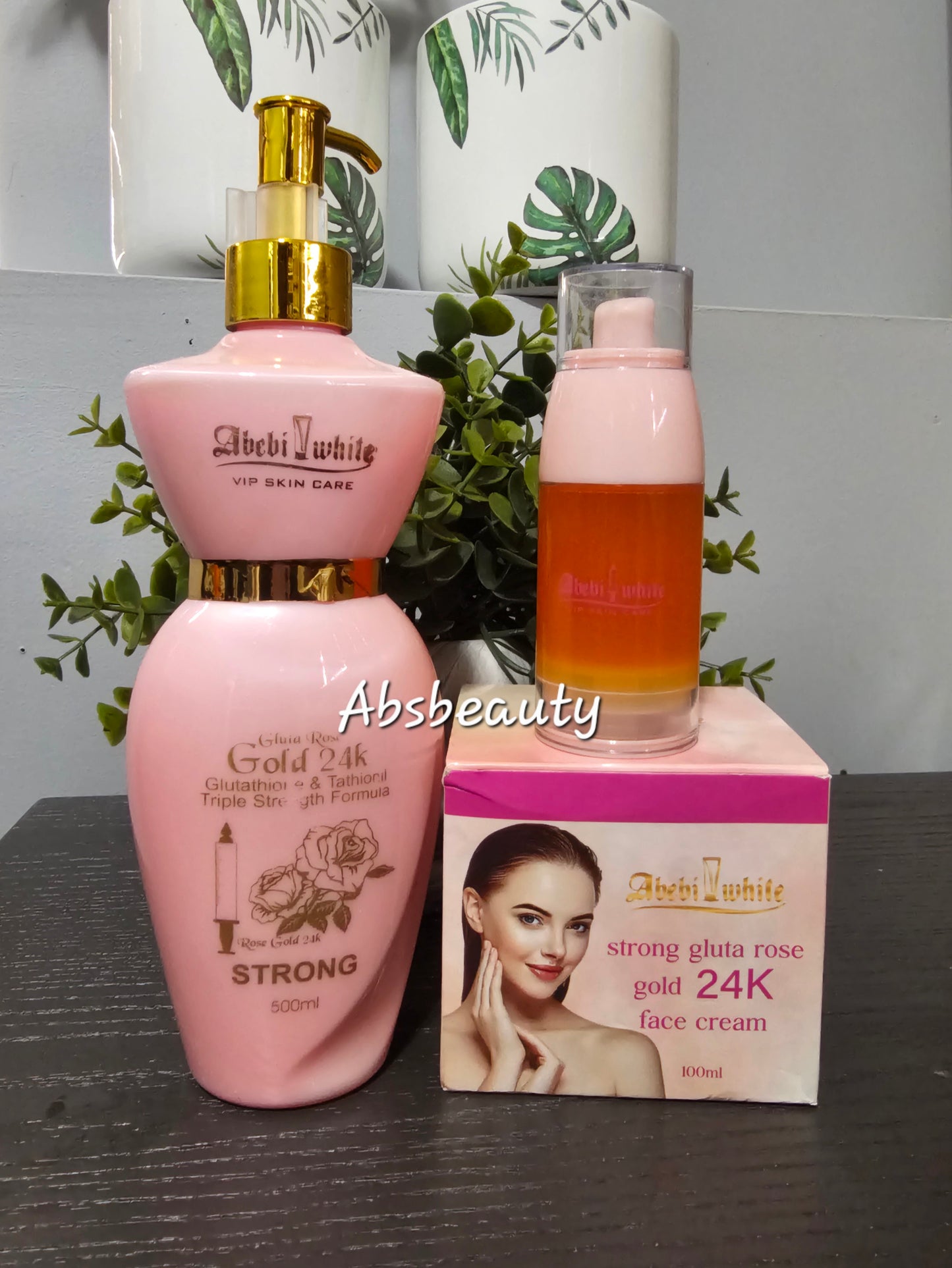 3pcs Abebi White Vip Skin Care Gluta Rose Gold 24K Set ,Lotion, Serum & Face Cream 🩷💯👌