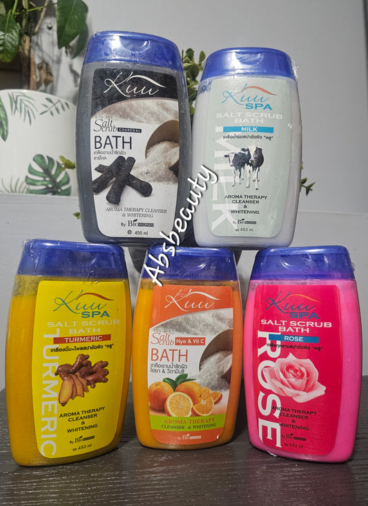 KUU Spa Salt Scrub 450ml||Tumeric, Hya&VitC, Rose, Milk, Charcoal||Aroma Therapy Cleanser & Whitening Skin💯👍.1pc