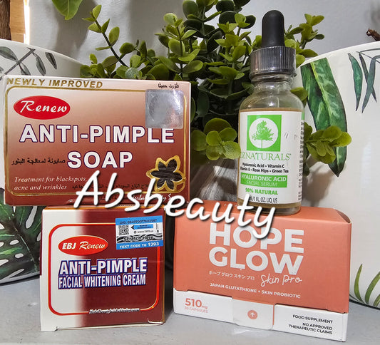 4 Sets Acne treatment Anti-pimple Soap,Face Cream,Hyaluronic acid Facial Serum 30ml & HOPE GLOW Skin Probiotic Supplements 30capsules